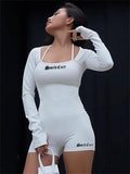 Huibaolu Fall Sexy Solid Letter Bodycon Romper Fall Outfit For Women 2023 Long Sleeve Sport One Pieces Female Fashion Playsuit