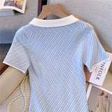 Huibaolu Dress Women Summer Blue Stripe Casual Polo Slim Mini Dresses Elegant O-neck Short Sleeve High Waist Dress Sweet N716