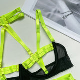 Huibaolu Female Lingerie Porn Sexy Costume Hollow Out Bandage Halter Bra Thongs With Belt Stocking Neon You Can See Underwear