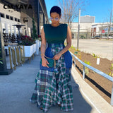 Huibaolu Women Long Maxi Skirts Patchwork Loose Asymmetrical Plaid with Pocket Loose Big Swing Floor Length Long Skirt