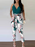 huibaolu Sleeveless V Neck Cami Tops & Belted Pants Set Women Summer Two Piece Set