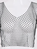 huibahe Sexy Shiny Diamond Fishnet Women Tops Black Round Neck See Through Tops Women Summer Skinny Fashion Party Clubwear 2023