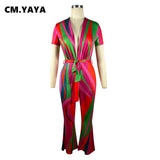 Huibaolu Women Colorful Striped Deep V-neck with Sashes Wide Leg Sexy Party Jumpsuit 2023 Summer Playsui Romper One Piece Suit