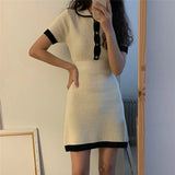 Huibaolu Down Collar Knitted Dress Women Short Sleeve Mini Dress High Waist Dresses Korean Elegant Office Lady Bodycon Vestidos N324