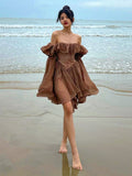 Huibaolu Elegant Chiffon Corset Dress Brown Flare Long Sleeve Mini Dresses Vacation Short Party Dress Ruffles Slash Neck Outfit