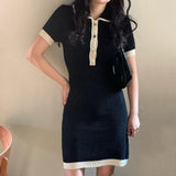 Huibaolu Down Collar Knitted Dress Women Short Sleeve Mini Dress High Waist Dresses Korean Elegant Office Lady Bodycon Vestidos N324