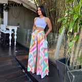 Huibaolu Elegant Women Colorful Striped High Waist Loose Wide Leg Pants 2023 Summer Beach Boho Holiday Casual Trousers