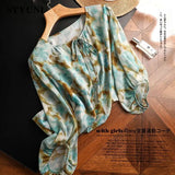 Huibaolu Green Hand-Painted Print Chiffon Elegant O-Neck Bow Long Sleeve Women's Blouse Shirt Female Chic Blouses Top 2023 Summer