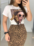 huibaolu Sleeve Print Tops &amp; Leopard Slit Skirt Set Women Summer Two Piece Set