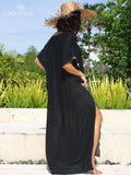 Huibaolu Black Oversize V Neck Moroccan Kaftan Beach Dress Plus Size Women Summer Half Sleeve Side Split Midi Dresses Tunica Q643