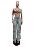Huibaolu Street Denim Women Jeans Suit and Crop Top Elegant Hole Tassel Jean Trouser Pants Two 2 Piece Set 2023 Summer Outfits