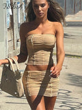 Huibaolu Mesh Bandage Outfits Sexy Women Khaki Sleeveless Crop Top And Mini Skirts Black Beach Two Piece Sets Club Party 2023 Summer