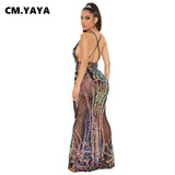 Huibaolu Women Sequin Paisley Patchwork Mesh Backless Deep V-neck Bodycon Mermaid Maxi Dress Sexy Night Party Pencil Long Dresses