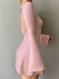 Huibaolu Backless Solid Knitted Dress Pink Beige Casual Chic and Elegant Fashion Slim A-line Mini Dresses Party Holiday Outfit