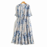 Huibaolu Blue Print Vintage Linen Thin Lace Up V-Neck Women's Dress Half Sleeve A-Line Mid-Calf Dresses For Women 2023 Spring Summer