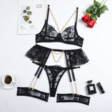 Huibaolu Lingerie Luxury Lace Female Underwear Sexy Transparent Bra Panty Sets With Chain Fancy See Through Exotic Sets 4-Piece