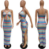 Huibaolu Elegant Striped Sleeveless High Split Spaghetti Strap V-neck Bodycon Maxi Midi Dress for Women 2023 Summer long Dresses