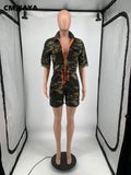 Huibaolu Elegant Camouflage Half Sleeve Zipper Fly Romper for Women 2023 Summer Military Active Sport One Piece Playsuit Overall