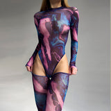 Huibaolu Tie Dye Bodysuit Long Sleeve Lingerie Body Uncensored Tight Fitting Woman Crotchless Mesh Sexy Tops See Through Outfit