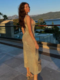 Huibaolu Bright Silk Fabric Slip Dress 2023 Women Summer Clothes Elegant Spaghetti Straped Back Open Party Maxi Dress Sundress A1622