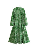 Huibaolu TRAF Summer Fashion Green Printed Women Casual Shirt Robe Dress With Belt Wrist Sleeve High Waist Female Midi Dress