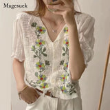 Huibaolu Knitted Women Blouses Chic V-neck Floral Embroidery Women Shirt Short Sleeve Vintage Blouse Cotton Linen Tops Blusa 20612