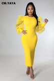 Huibaolu Women Mesh Puff Long Sleeve O-neck Bodycon Midi Maxi Long Dress 2023 Vestidos Vintage Club Evening Sexy Party Dresses