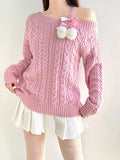 Huibaolu Aesthetic Furball Bow Lace Up Pink Sweater Kawaii Loose Twist Knitted Pullover Lolita Japanese Style Jumper Fairycore