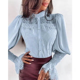 Huibaolu Collar Vinatge Lace Shirt Elegant Fashion Women Solid Hollow Elegant Blouses Long Flare Sleeve Tops Blusas Mujer New 23278