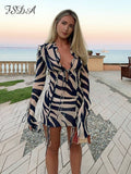 Huibaolu Zebra Print Long Sleeve Mini Dress Ruffles Mesh Sexy Summer Beach Party Dresses Bodycon Tie Up See Through 90s Club