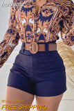 huibaolu Tropical Print Long Sleeve Tie Front Crop Tops &amp; Shorts Set with Belt Women Two Piece Set