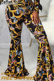 huibaolu Print Fashion Party Pants Women Skinny Pleated Flare Pants Women