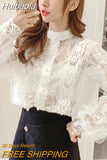 Huibaolu Vintage Crochet Women's Shirts Stand Collar Loose White Blouse See-through Lace Stitching Long Sleeve Shirt Tops 13339