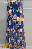 huibaolu Print Lantern Sleeve V-Neck Chiffon Dress Women Casual Maxi Dress