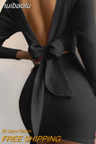 huibaolu Back Knotted Long Sleeve Bodycon Dress Women Solid Low Cut Mini Party Dress