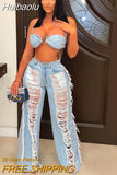 Huibaolu Street Denim Women Jeans Suit and Crop Top Elegant Hole Tassel Jean Trouser Pants Two 2 Piece Set 2023 Summer Outfits