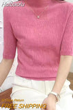 Huibaolu Femme 2023 Spring Summer Korean Fashion Clothes Pink Sweater Women Short Sleeve Knitted Tops Casual Soft Pullover Female