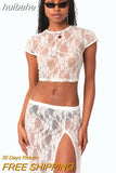 huibahe Sexy See Through Lace Women Skirt Suit Round Neck Crop Top High Slit Two Piece Set Femme Summer Casual Outside Beachwear