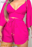 huibaolu Long Sleeve V Neck Crop Tops & Elastic Tied Shorts Set Sweet Summer Women Two Piece Set Outfits