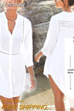 Huibaolu Casual Loose Summer Beach Dress White Cotton Tunic Plus Size Women Beachwear Sexy Hollow Out Mini Party Dress Vestidos Q429