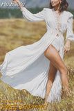 Huibaolu Sexy Hollow Out White Summer Dress Beach Tunic Women Beachwear Long Sleeve Front Open Self Belted Maxi Dresses Q964