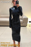 Huibaolu Black Midi Bodycon Dress Sexy Women Turtleneck Long Sleeve Pu Leather Party Dresses Club Elegant 2023 Autumn Winter