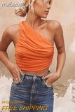 huibahe Women Orange Oblique Shoulder Ruched Crop Tops Camis Fashion Solid Bodycon Tops Femme Backless Slim Tank Top Streetwear