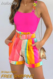 huibaolu Strap Tank Tops & Colorblock Shorts Set with Belt Summer Women Two Piece Set