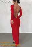 Huibaolu Maxi Dress Elegant Red Long Sleeve Sexy Ruched Bodyocn Evening Party Dress for Women 2023 Spring Slim Christmas Outfits