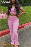 Huibaolu 2 Two Piece Set Women Summer Pink Outfits Off Shoulder Crop Top Stacked Pants Leggings Women Matching Set Ladies Tracksuit