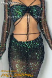Huibaolu Sequins Knitted Patchwork Hollow Out Long Sleeve Crop Top And Mini Bodycon Skirt Four Piece Set Summer Women Beach Outfits 911