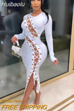 Huibaolu Sexy Party Clothes Dresses For Women 2023 Long Sleeve Bandage Dress Women Club Midi Hollow Out White Bodycon Dress Fall