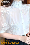 Huibaolu Lantern Sleeve White Lace Shirt Fashion Women Embroidery Elegant Chiffon Blouse Woman Mesh Summer Tops Mujer Blusas 25068