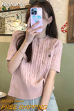 Huibaolu Embroidered Retro Twist Cotton Sweater Women's Short Sleeve T-Shirt Cropped Top Casual Solid Slim Tees Jumpers New P150